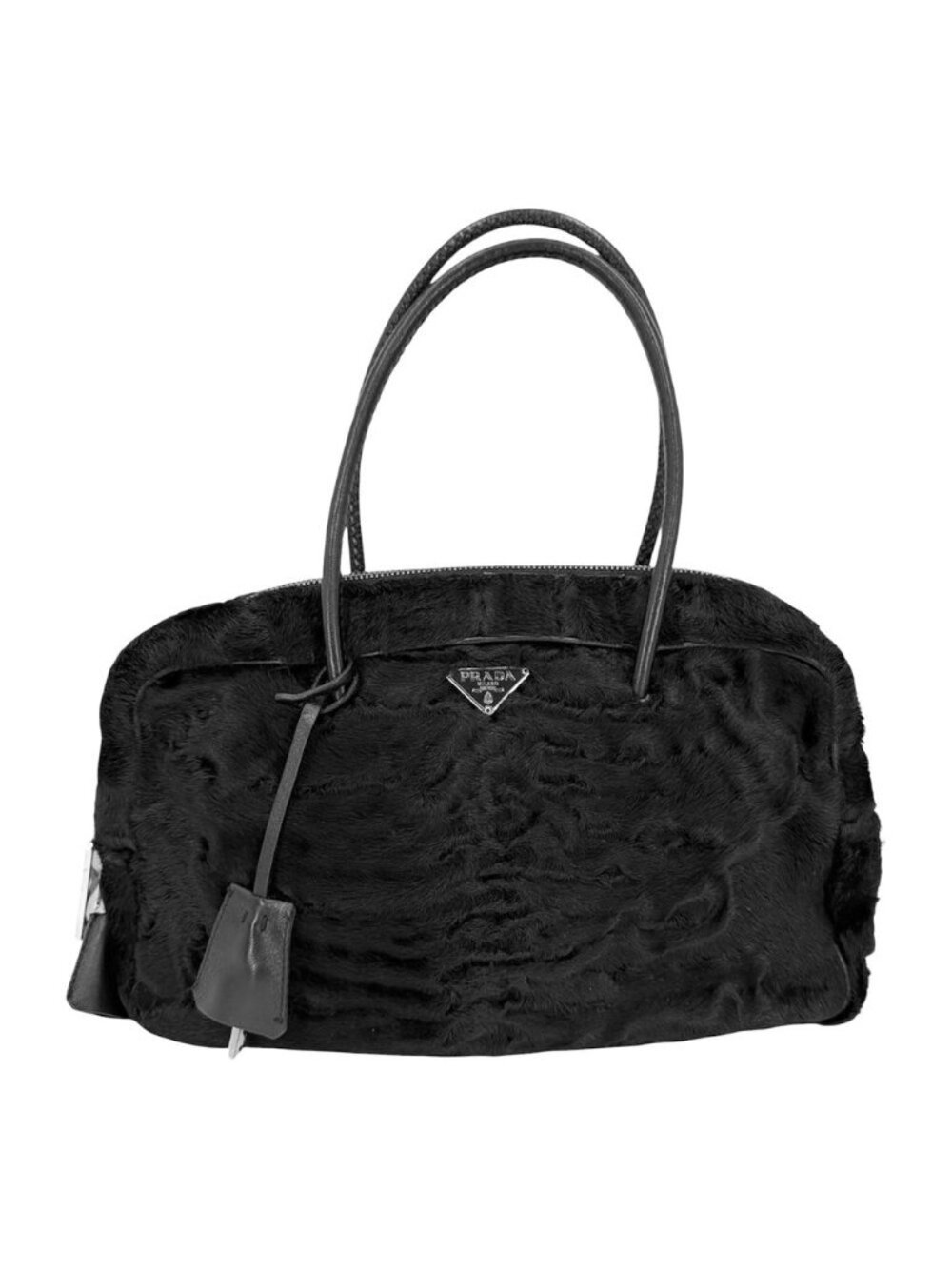 Prada Handbag Triangle Logo Faux Fur Black Silver